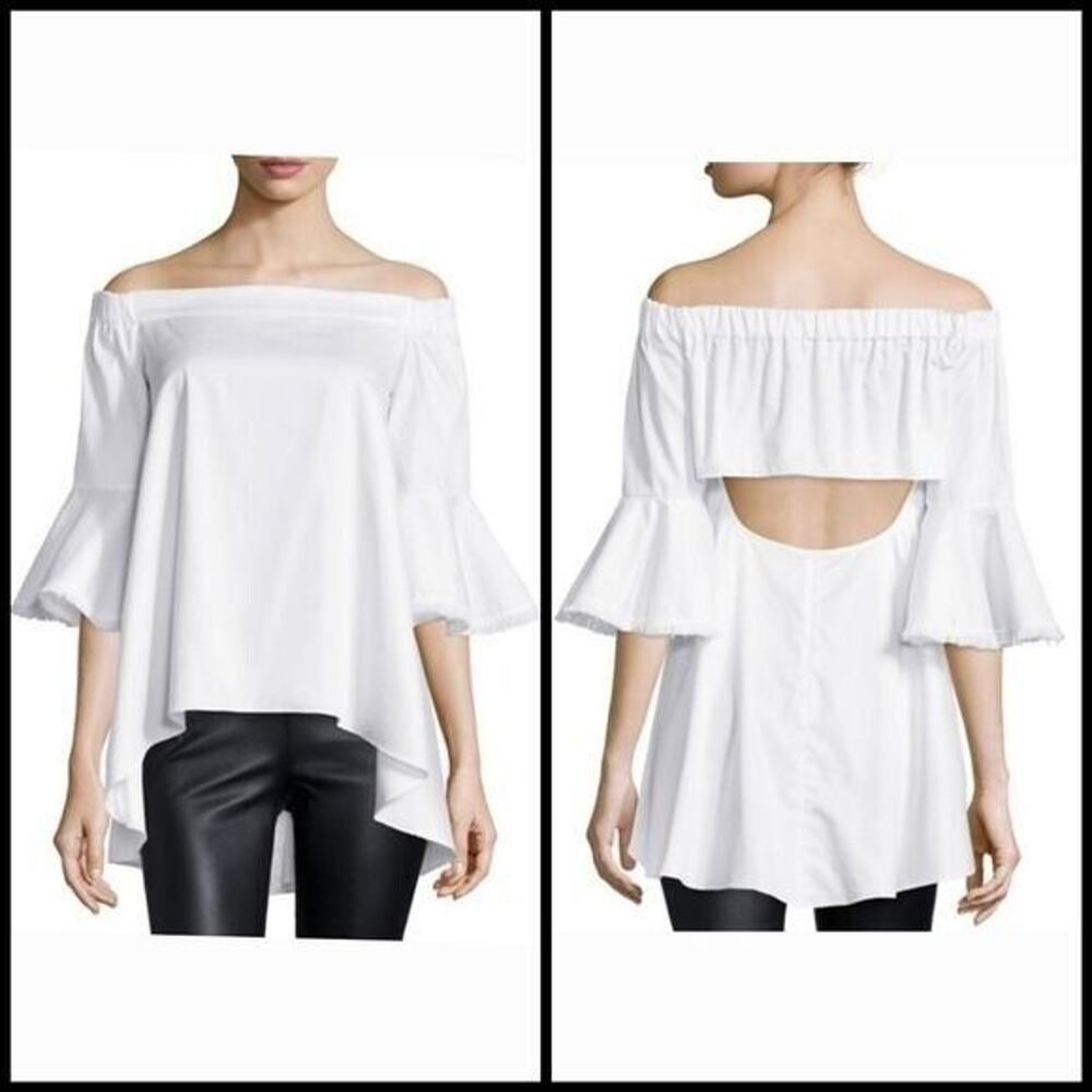 N/Nicholas White Off the Shoulder Bell Sleeve Open Back Cotton Blouse